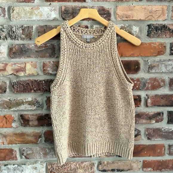 J. Crew Tan Cotton Pointelle Textured Sleeveless High Neck Sweater Top, S - Picture 3 of 8